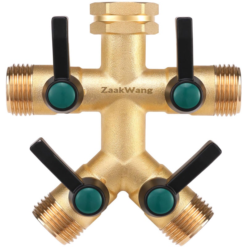 ZaakWang Garden Faucet Splitter  4 Way Hose Splitter  Multi-Directional High Output Outdoor Splitter  3/4"" GHT Thickened Hex Inlet  Heavy Duty Solid Brass Spigot Adapter with Comfort Extension Handles - Image 1